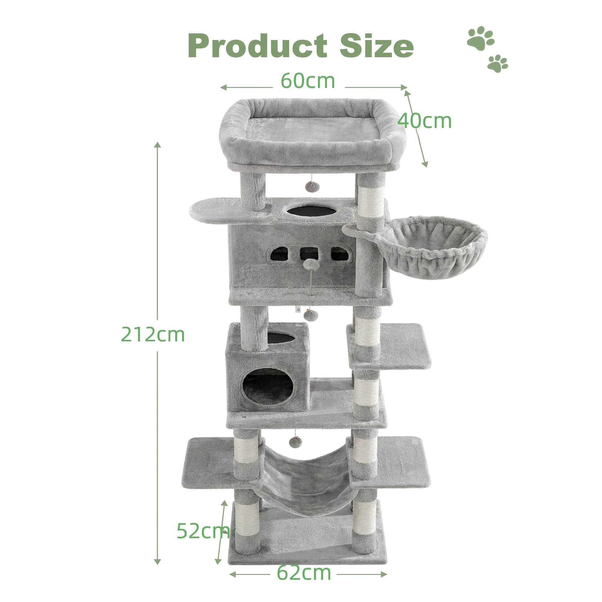 Hexcelen For Large Indoor Cat Tree, 212 X 62 X 52 Cm, Cat House, For Large Platform, 8 Scratching Posts, Hammock, Suitable For Large Cats And Multi-cat Households, Light Grey