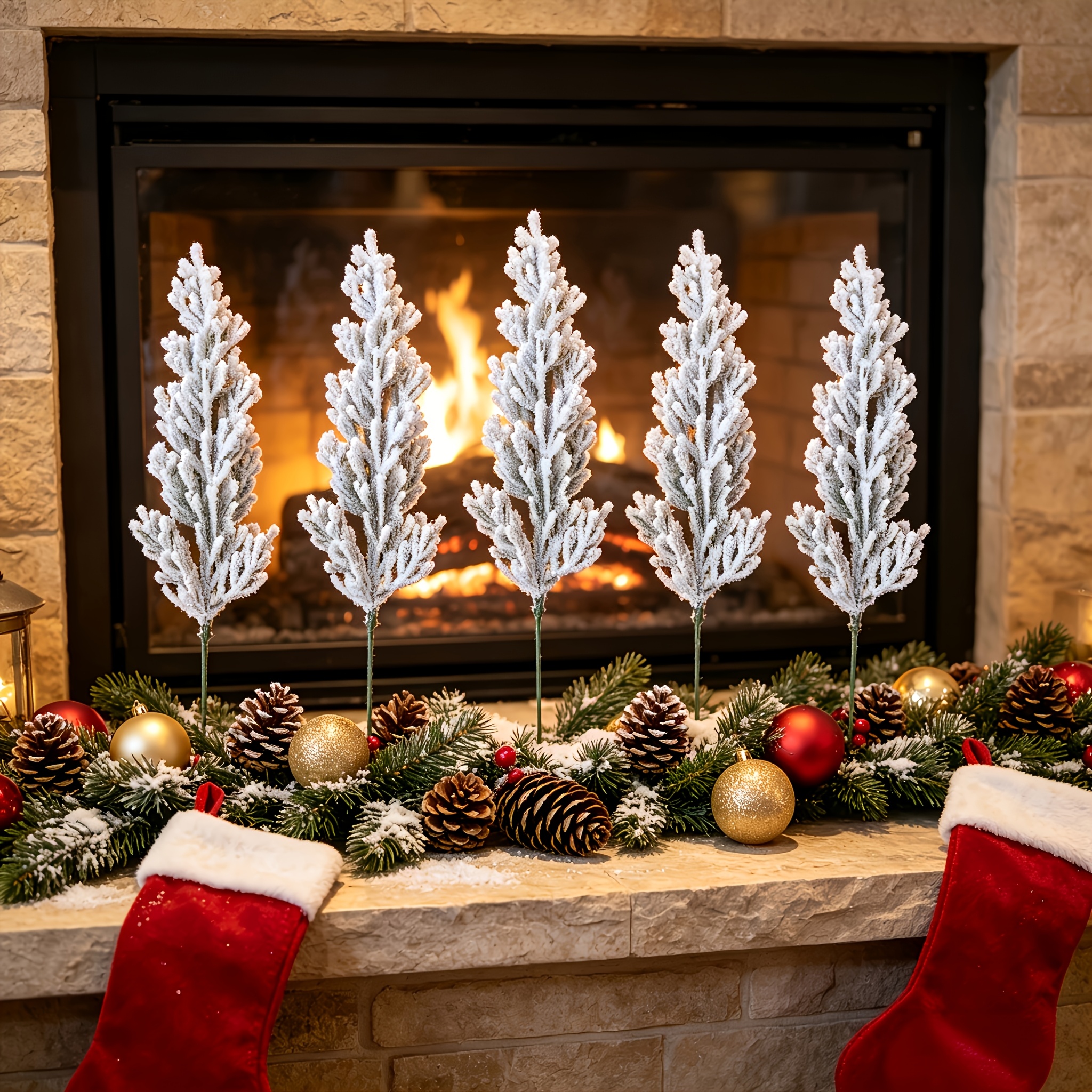 TEMU Set Of 5 Artificial Snowflake Pine Branch Stems, Artificial Christmas Tree Accessories, Suitable For Wreath Embellishments, Bouquet Decorations,