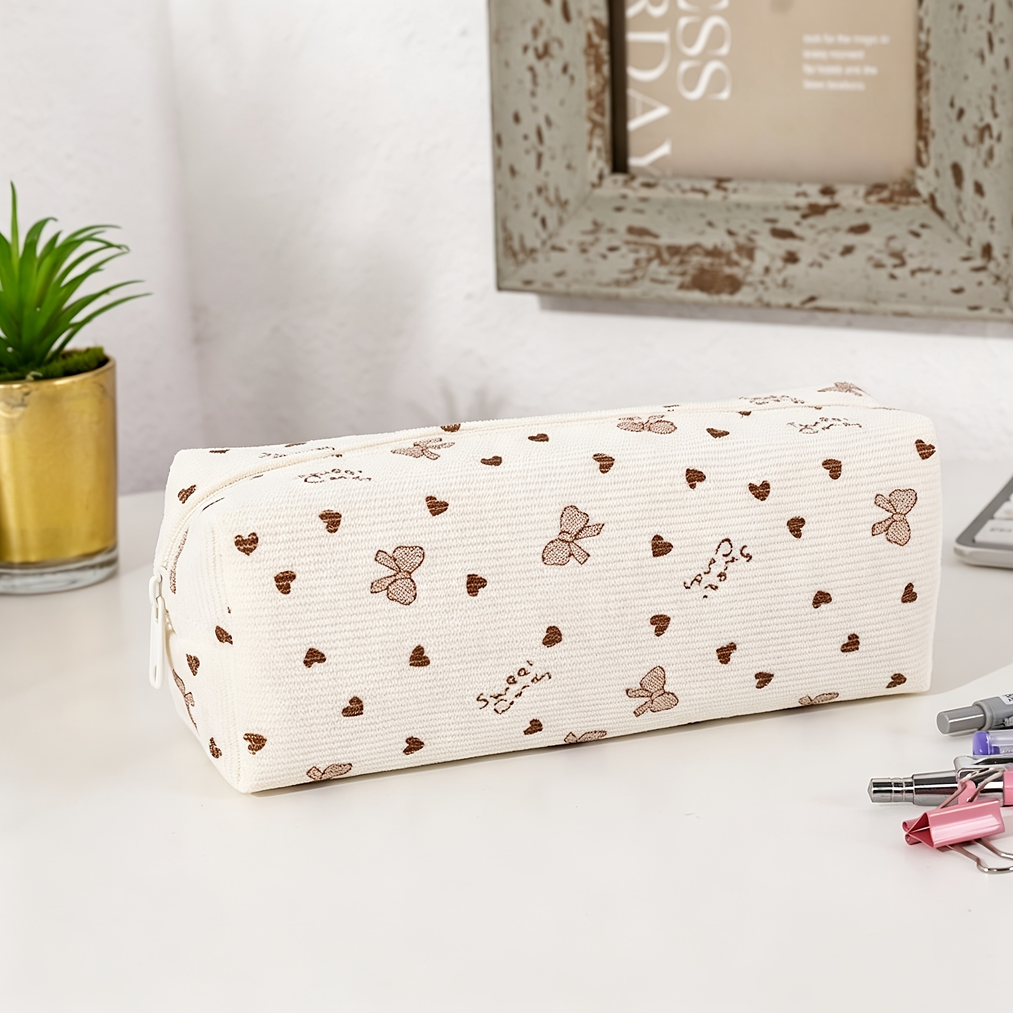 TEMU 1pc Original Printed Bow-shaped Pencil Case, A Large-capacity And Simple Student Stationery Bag, Suitable For Junior And Senior High School