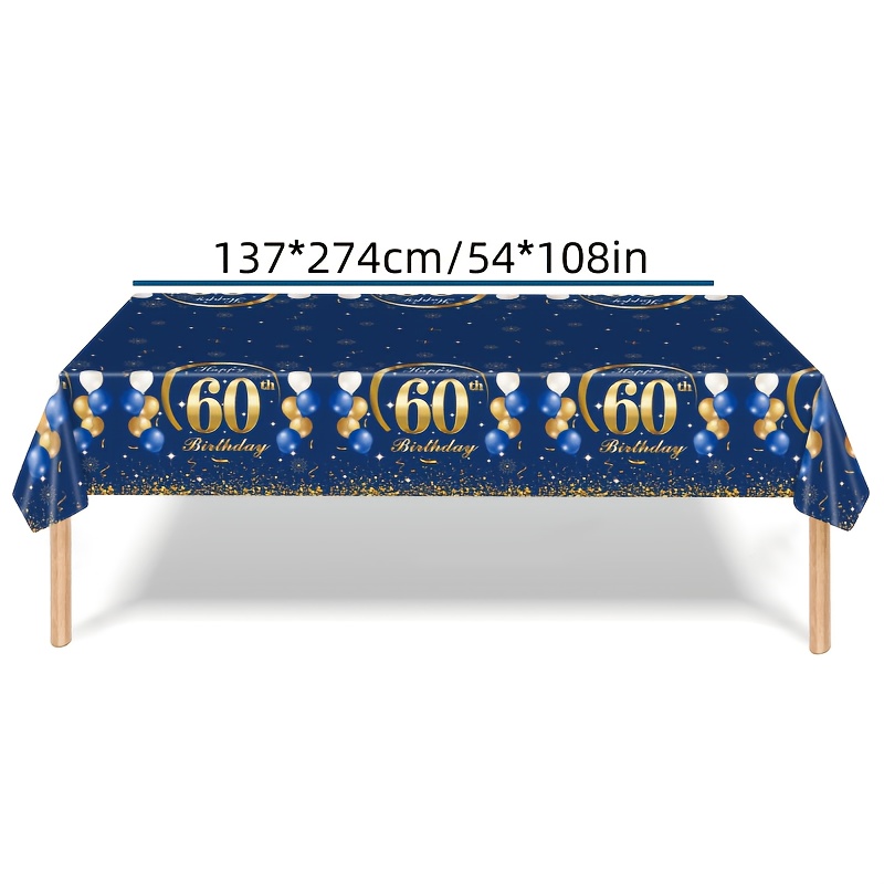 TEMU 1 nappe bleu marine doré pour 60e anniversaire, 54X108 pouces, motif flash de ballons, décorations de fête pour 60e anniversaire