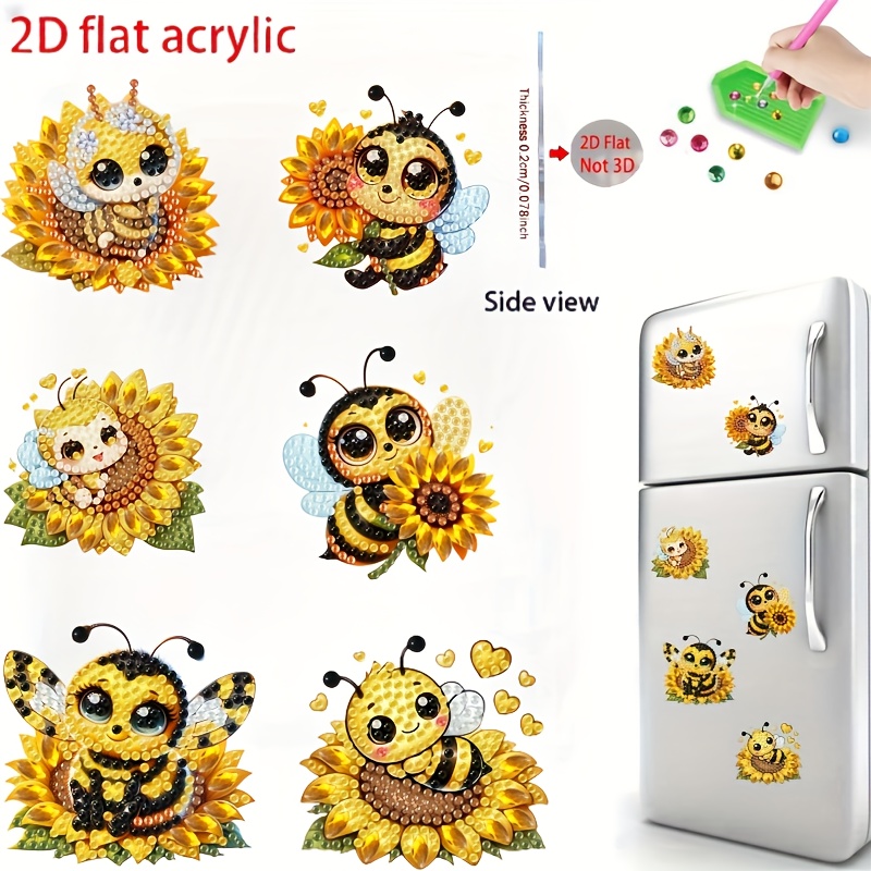 TEMU 6pcs Bee & Sunflower Diamond Painting Kit With Rhombus/circle Diamonds - Compatible For Diy Craft, Fridge Magnets, Decor - Complete 6-diamond Bees And Flower Set, 2d Flat