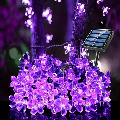 Solar Purple Cherry Blossom String Lights, 8 Function, Courtyard Balcony Outdoor Camping Decoration Light String, Holiday LED Atmosphere Light, 1 String Of 5 Meter 20 Lights Or 6.5 Meter 30 Lights