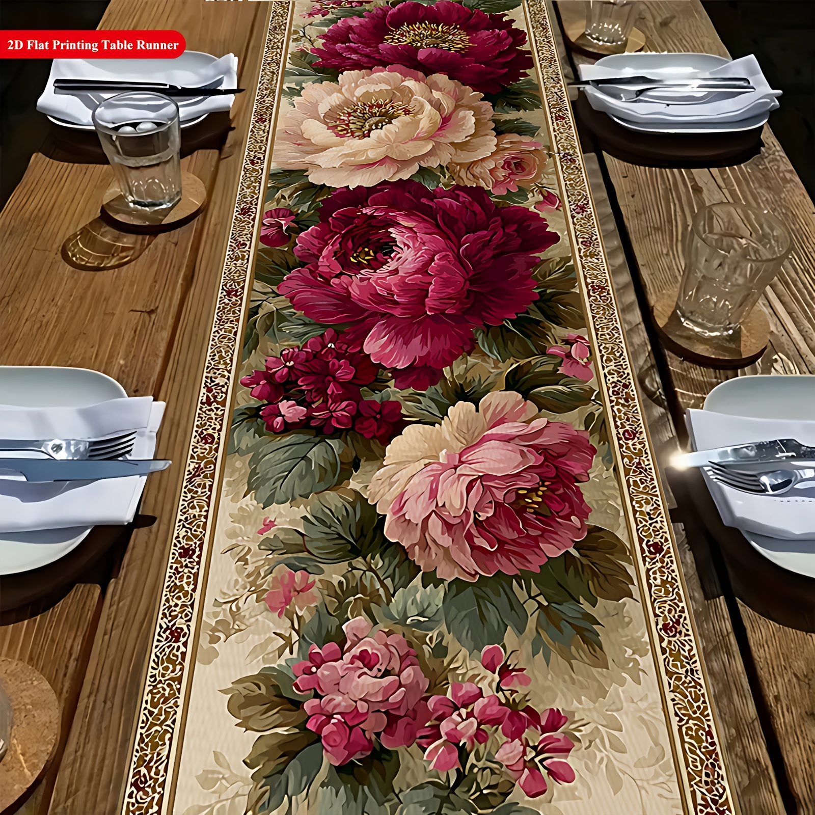 TEMU Table Runner, Tablecloth, Peony And Rose , Polyester Material, Beige Brown And Maroon Shades, Suitable For Valentine's Day, Mother's Day,