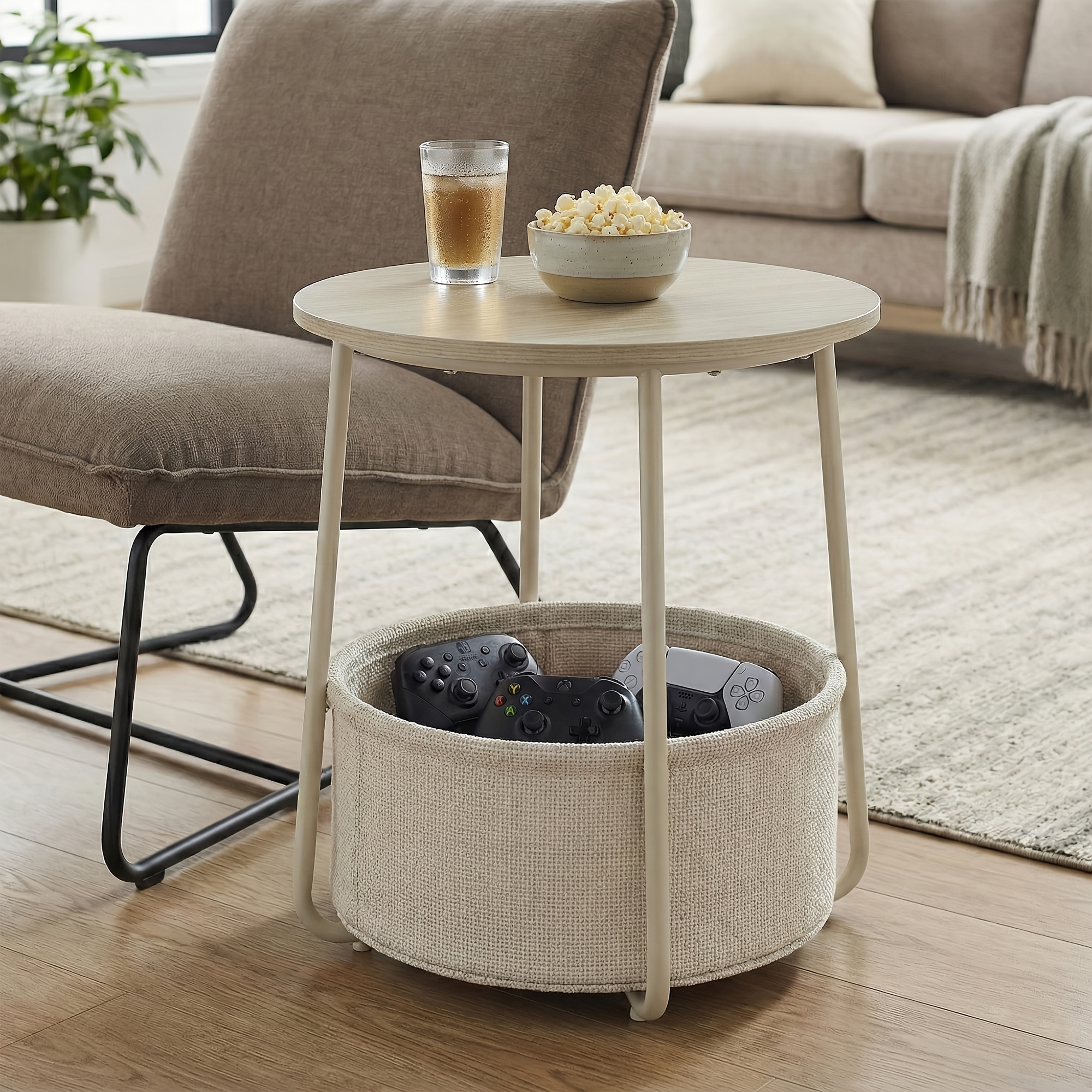 TEMU Tavolino Laterale, Tavolino Angolare con Cesto in Tessuto, per Soggiorno Camera da Letto, Comodino, Stile Moderno, Beige Naturale