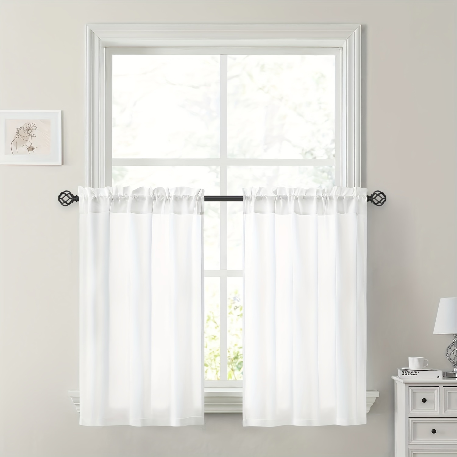 E-shop 2er-Set Weiße Sichtschutz-Vorhänge - Lichtdurchlässig, Stangen--Design für Schlafzimmer & Wohnzimmer Dekor