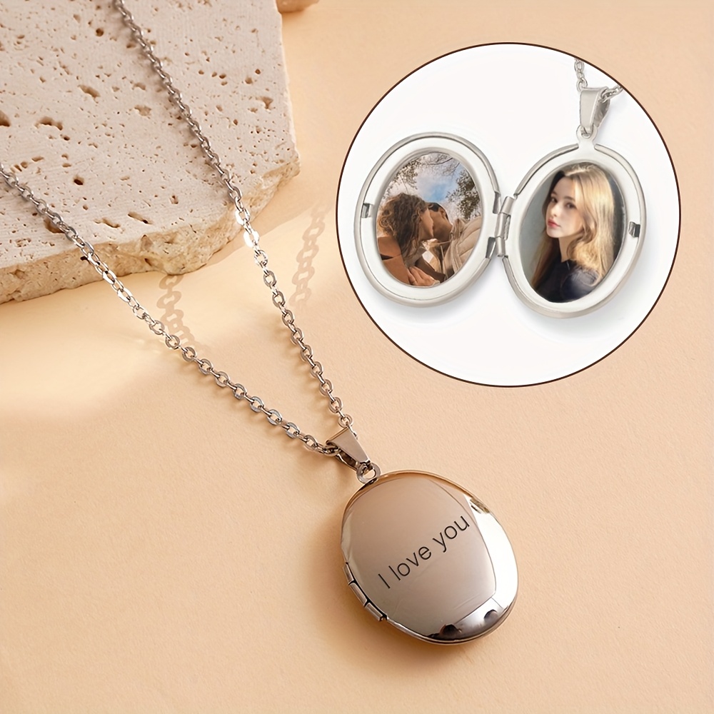 TEMU 1 Silvery Stainless Steel Oval Photo Pendant Necklace With Custom Engraving, Couples Keepsake Gift