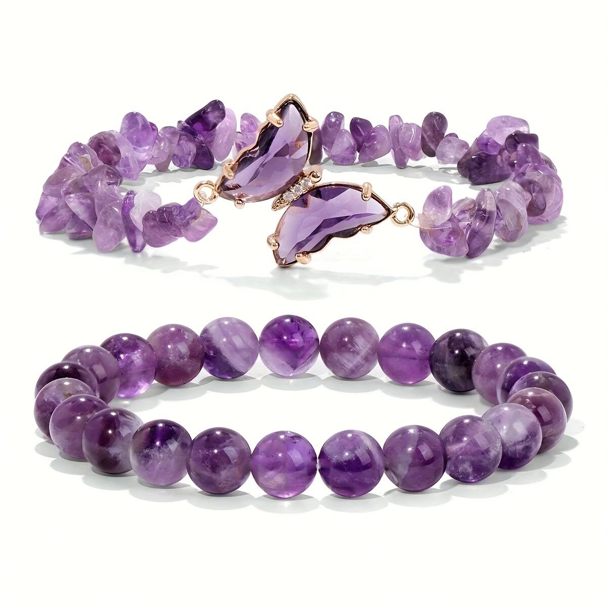 

Amethyst Charm Bracelet Set - 2pc Stretch Beaded Bangles & Butterfly Pendant, Natural Stone Jewelry For Women, Perfect Holiday Gift Bracelet Charms Charms For Bracelets