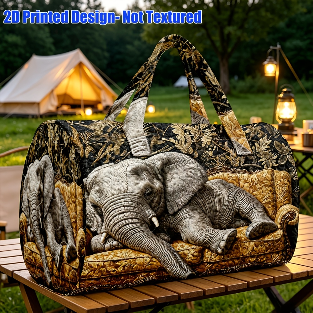 TEMU 1pc Luxe Quilted Round Tote Bag With Elephant And Golden Botanical Pattern On For Women Elegant Halloween Thanksgiving Christmas Gift