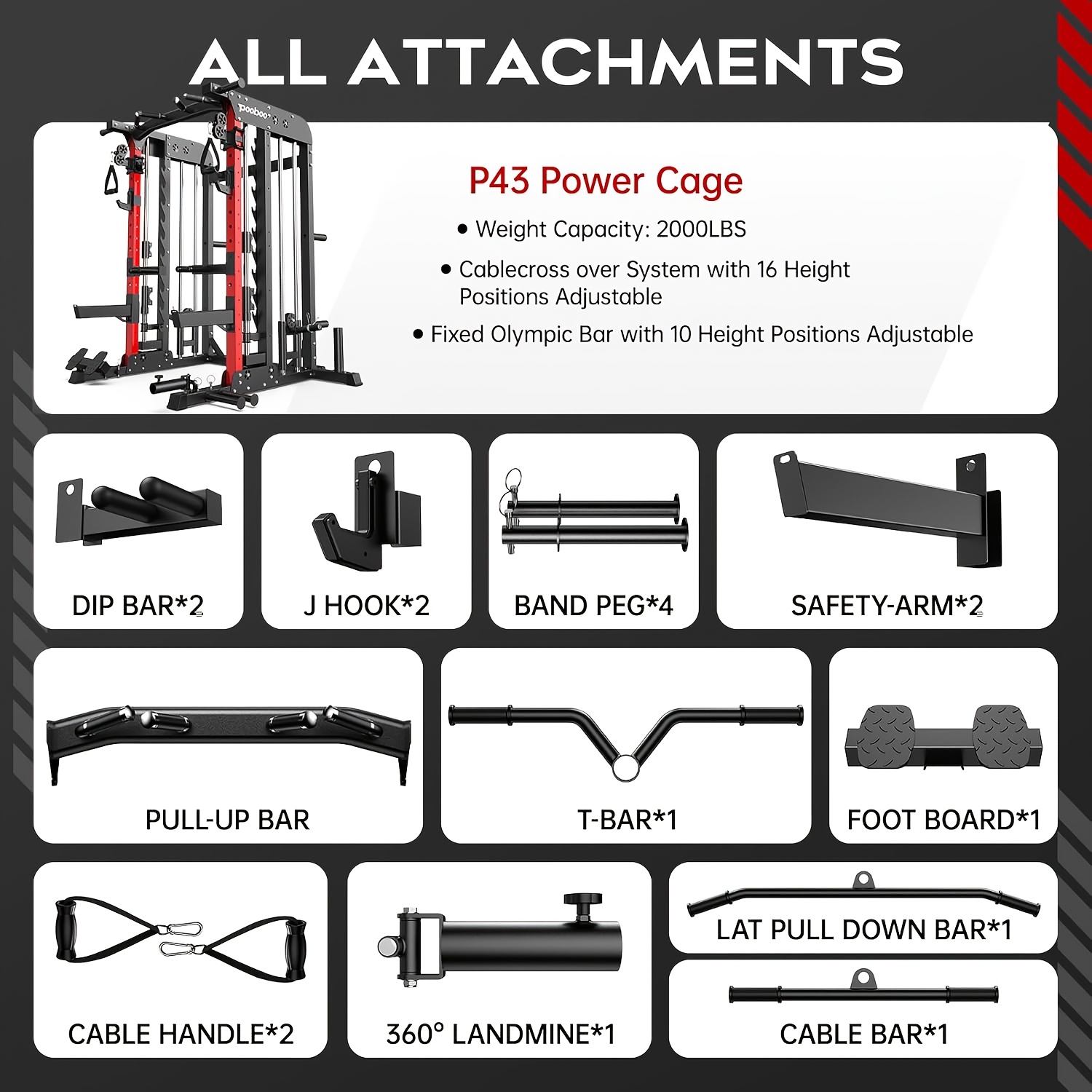 multi functional power rack cage with 2000   capacity lat pull down j hooks dip bars t bar cable handles and other attachments home gym exercise machine   workout equipment Product details 2