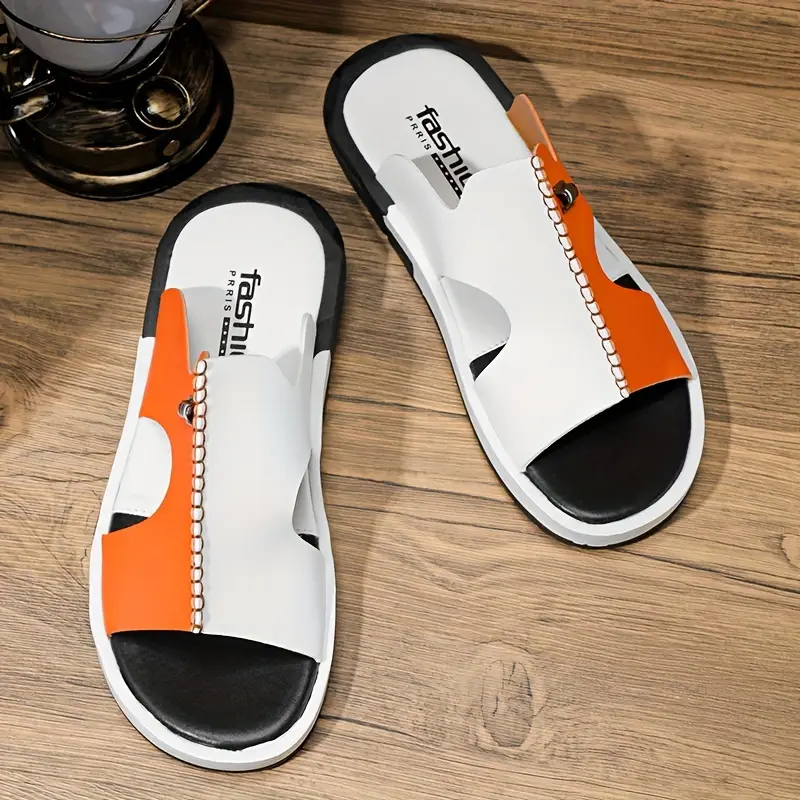 mens color casual slides with microfiber leather casual non slip open toe for indoor outdoor walking spring and summer details 3