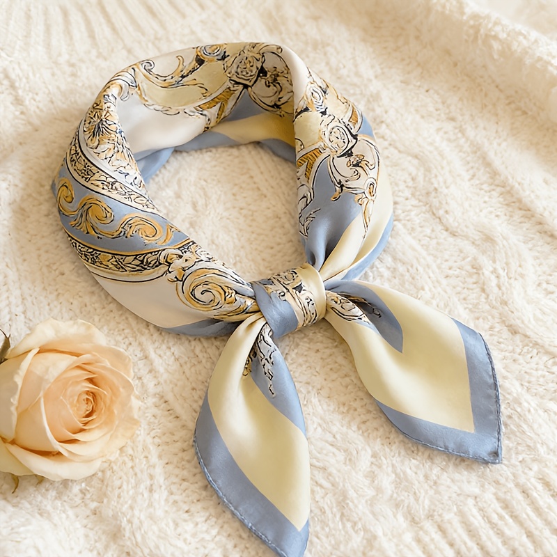 TEMU European Vintage Scroll Pattern Women's Fashionable And Elegant Square Scarf/headscarf, Blue Contrast Color High-end Decorative Scarf, Perfect
