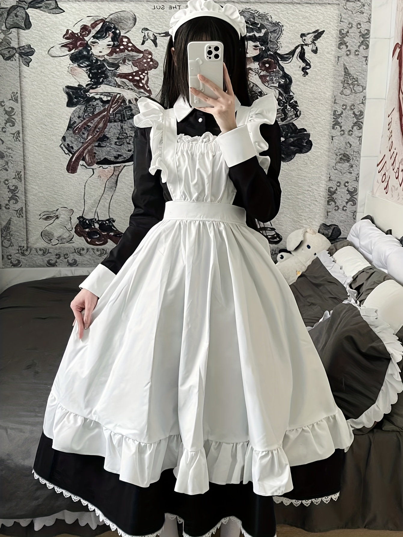 British Victorian * Dress with Apron Elegant Long Black Anime Cosplay  Costume for Convention Party, Classic Lolita Style Style Style * *