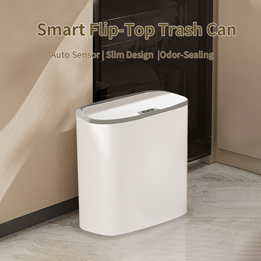 

Automatic Trash Can With Lid, 3.8 Gallon White Plastic Smart Trash Can With Narrow Motion Sensor, Wall Mountable For Bedroom, Bathroom, Toilet And Kitchen