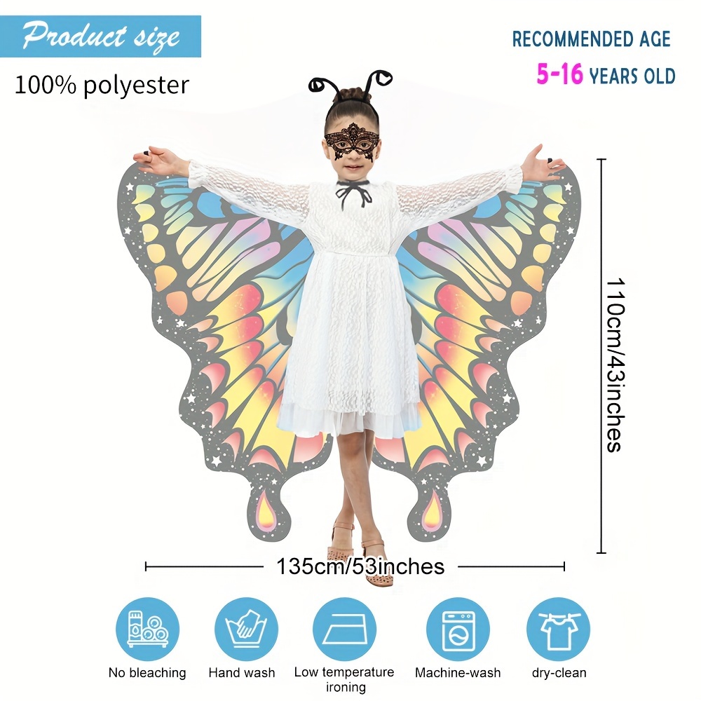 Girls' Adorable Butterfly Wings Costume with Black Headband - Perfect for Halloween & Birthday Parties, Princess Dress-Up Accessory by GDBY details 2