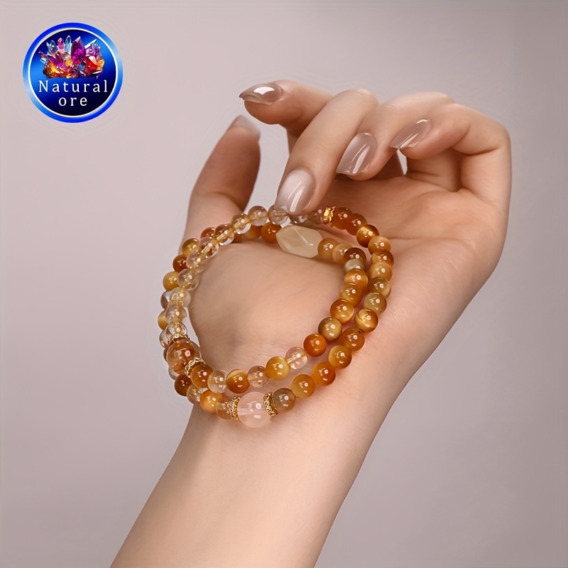 Natural Stone Wrap Bracelet with Yellow Stone & Tiger's Eye Bead