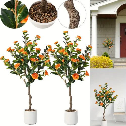 2pcs artificial camellia tree 4ft with vibrant orange green leaves lightweight pe material floor standing indoor outdoor decor for home office porch decor christmas halloween easter valentine s day seasonal event decor vibrant floral display maintenancefree flora tree decorations