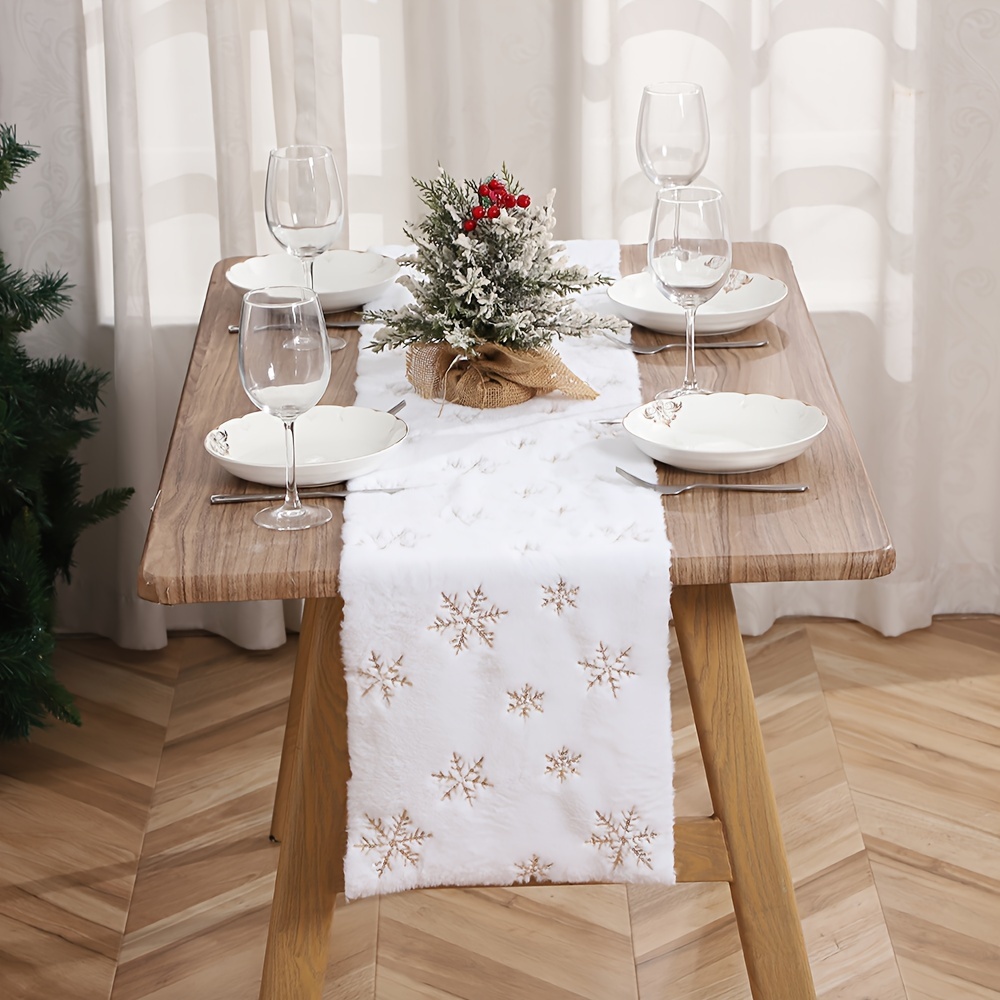 Image of 1pc, Christmas White Plush Sequined Embroidered Table Runner, Table Decoration, Holiday Table Supplies