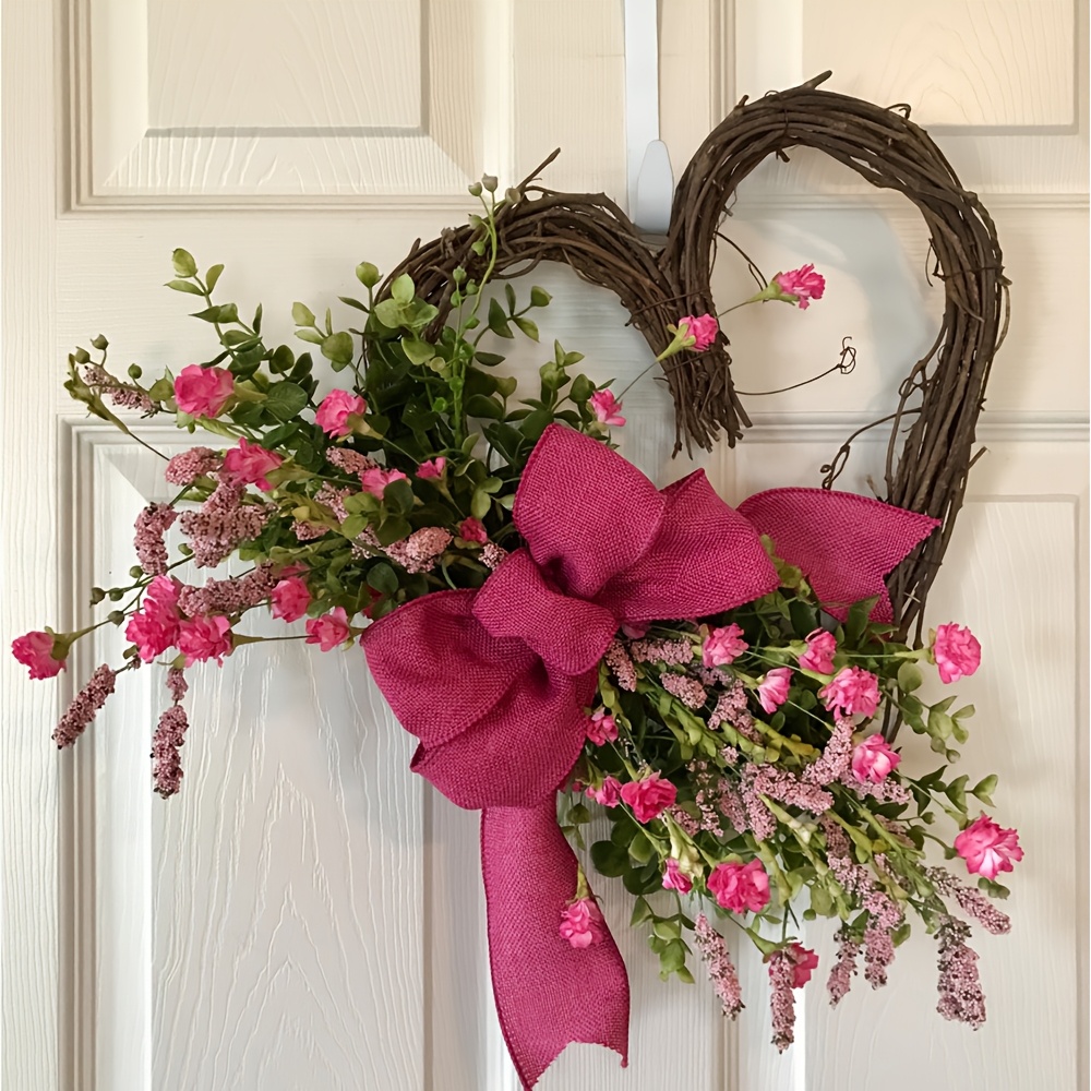 

1pc Americana Style 17.71inch Heart-shaped Wreath, Pink Artificial Floral Decor, Plastic Wall Hanging For Valentine's Day & Day, Front Door & Window Decoration, No Electricity Required