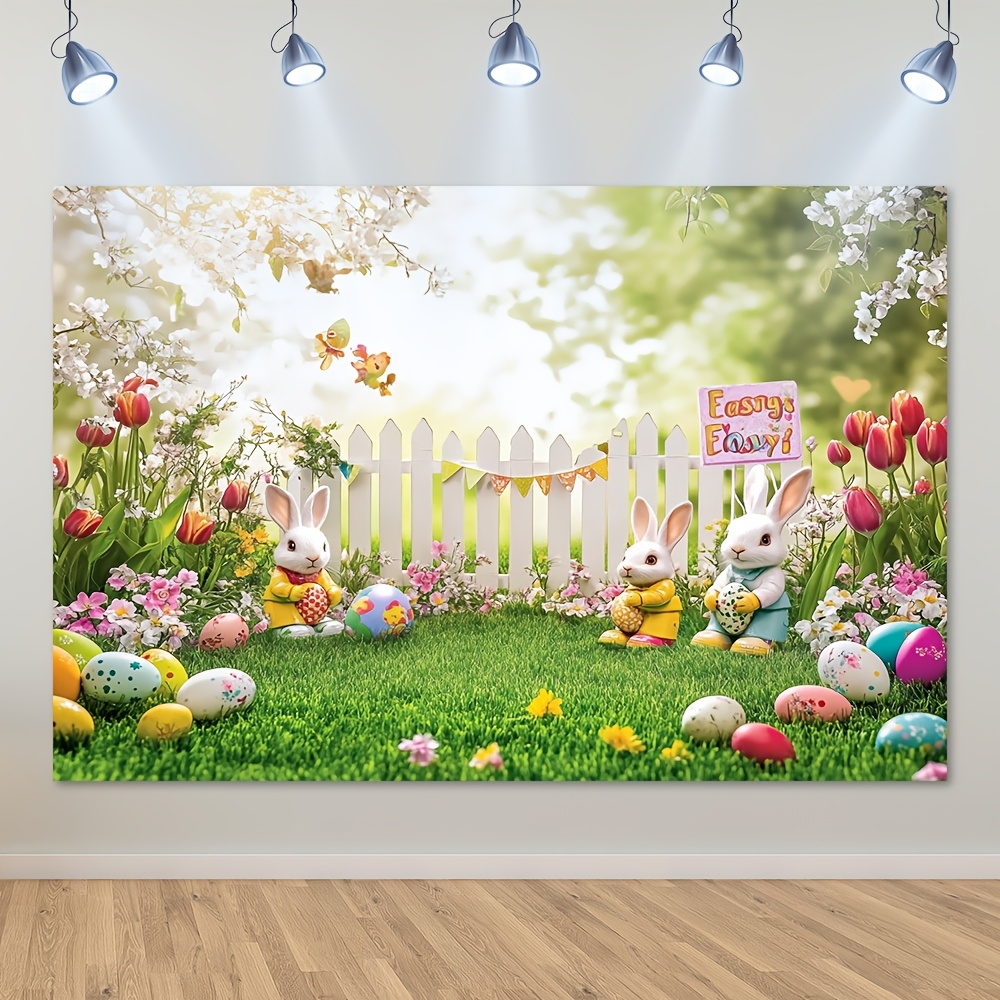 

Easter & Spring Celebration Banner - Flowers, Grass, Eggs & Rabbits Design | Home Decor, Parties & Photo Booths | Polyester, Background Cloth, Wedding, Birthday Party