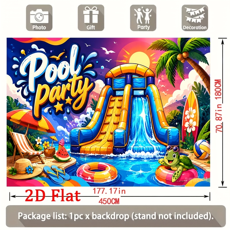 2d   - 2d   - [banner de   2d  ] 1   de tobogán acuático inflable   con   tropical de piscina,   en flotador, tabla de surf,   de coco, sillón de playa a rayas y     de pool party - ideal para decoraciones de camping en  