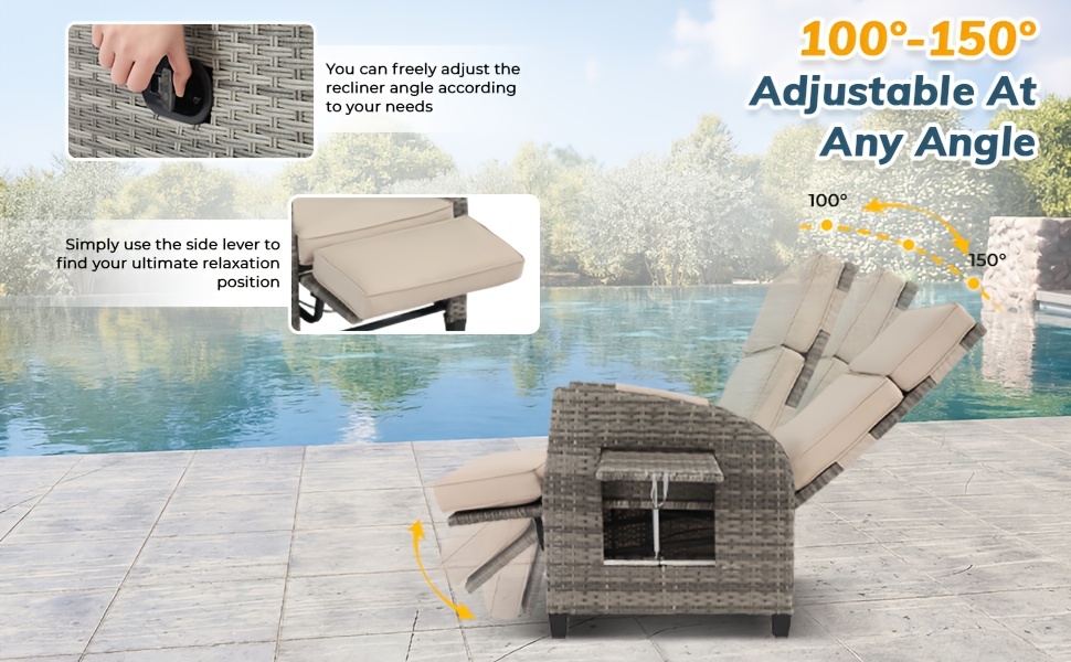Outdoor Patio Recliner Chair, Independent Adjustable Backrest Up To Lay Flat & Extended Footrest, Flip-Up Side Table, Removable Cushion, All-Weather Wicker, Aluminum Metal Frame For Porch Balcony Garden Poolside