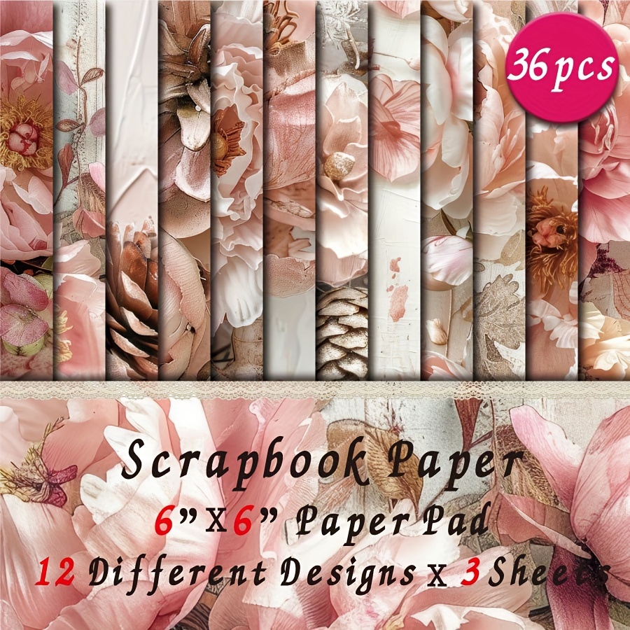 

36 feuilles de papier Floral Scrapbook, papier cartonné d’artisanat 6x6 pouces pour Junk Journal, bricolage Art Crafting, papier de fond décoratif pour la fabrication de cartes - Vintage Kapok Design