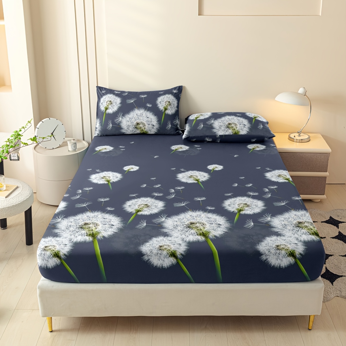Image of 3pcs Set With Printed Patterns. Bedroom. . Fitted Sheet And Pillowcase Set, Including 1 Fitted Sheet + 2 Pillowcases. No Core. Soft, Skin-friendly And Breathable, Machine Washable.