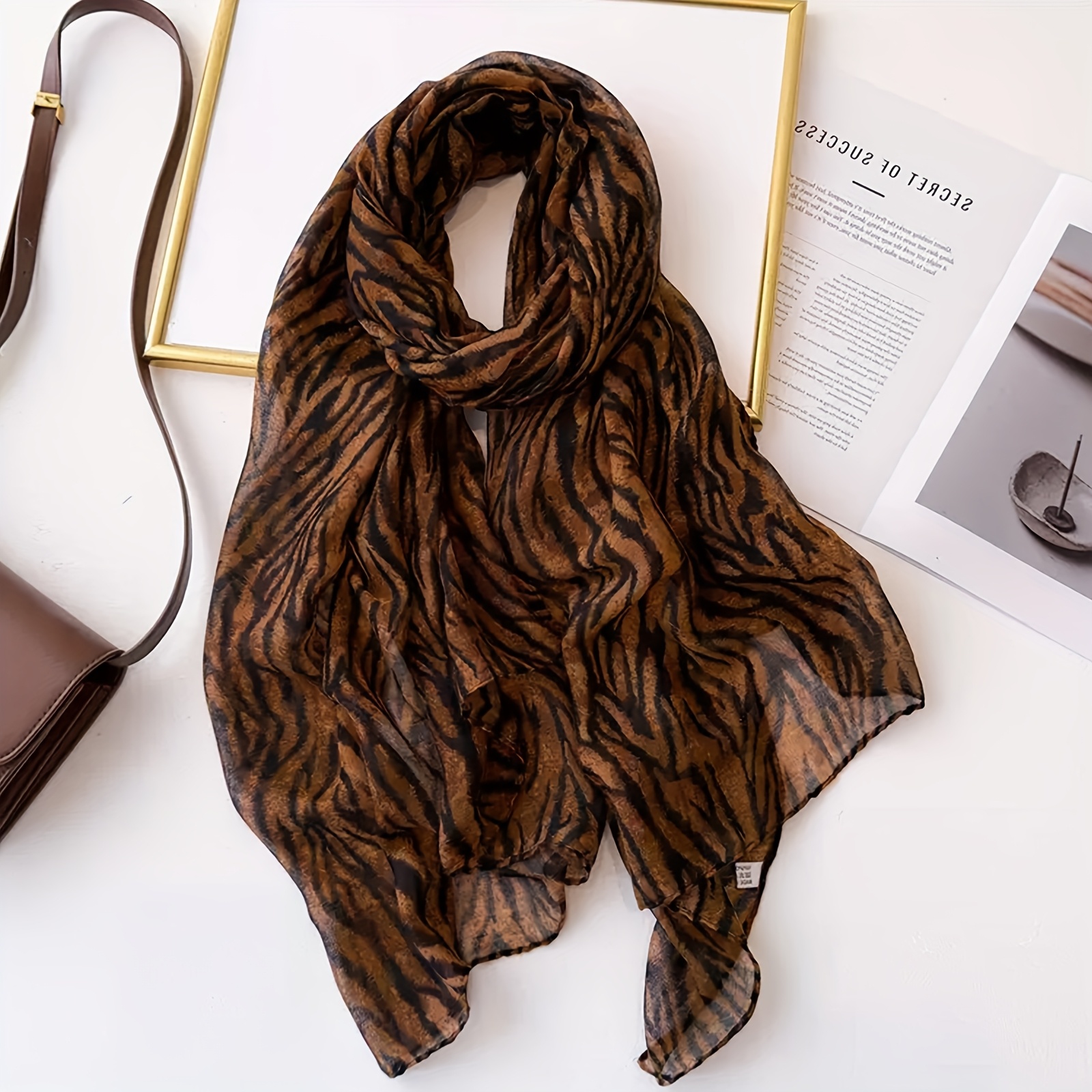 TEMU New Fashionable Style For Trade, Balinese Yarn Leopard Print Soft Scarf, Versatile Lightweight Scarf For Women, Printed Scarf For Spring And
