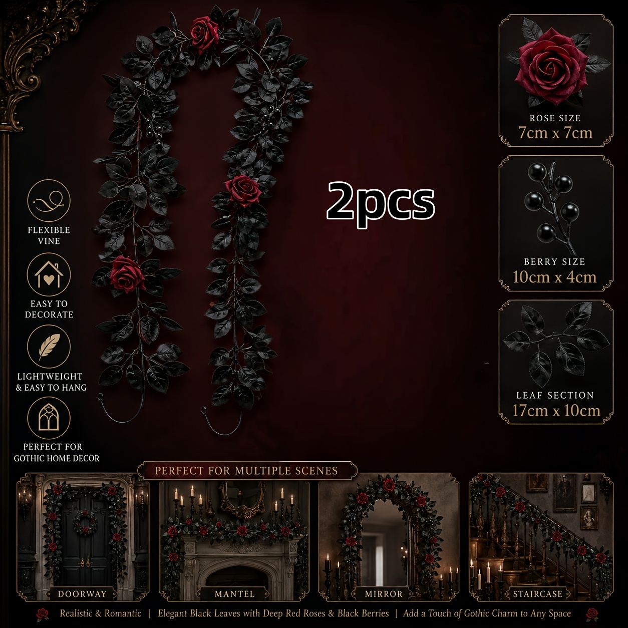 TEMU 2pcs Gothic Romantic Rose Vine, . 78.74 Inches Long Hanging Floral Vine With Black Leaves And Dark Red Roses, Suitable For, Mirror, And
