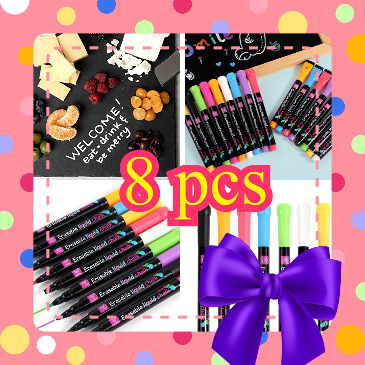 Image of 8pcs Erasable Chalk Markers - Medium Point, Reversible, Water-based, Non-toxic - Ideal For Glass & , Businesses & Restaurants - Washable From Non- Surfaces, Long-lasting On Surfaces