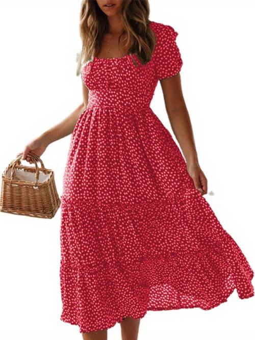 womens floral dress square neck puff sleeve tiered ruffle midi dress for