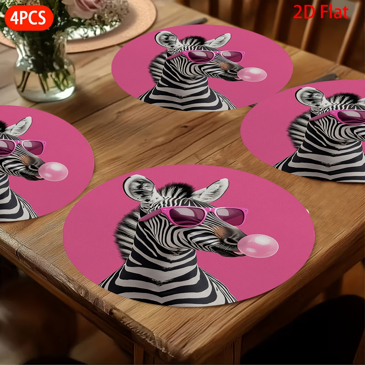 TEMU 2d Flat, 4pcs, Mats, Zebra , Patterned Round Placemats, Party Decor, Multifunctional, Perfect For Valentine's Day, Halloween, Easter, Christmas,