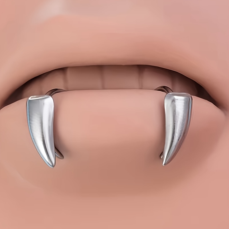 2pcs Stainless Steel Men Women Fashion Trendy Individual Fangs-shaped Lip Ornament Wolf Tooth Shape Jewelry, No Piercing Required, Suitable For Halloween, Christmas, Festive Parties, Role-playing Wear