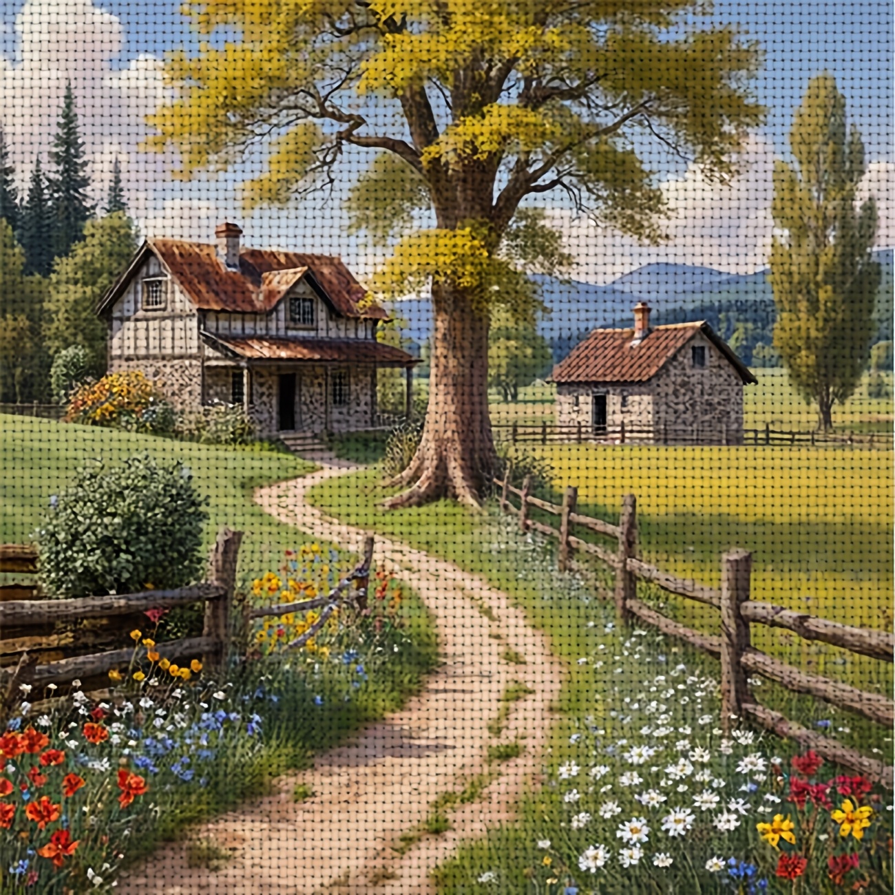 TEMU 1pc Printed - Kit, Frameless, "cottage With Flowers" Pattern, Perfect For Beginner's Relaxing Handmade Craft, Experiencing The Full From