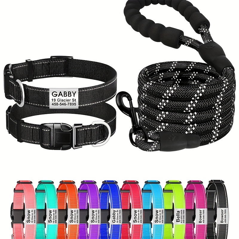 TEMU [custom Product] Personalized Reflective Dog Collar And Leash Set With Safety Locking Nylon Pet Collars Adjustable For Small Medium Large Dogs,