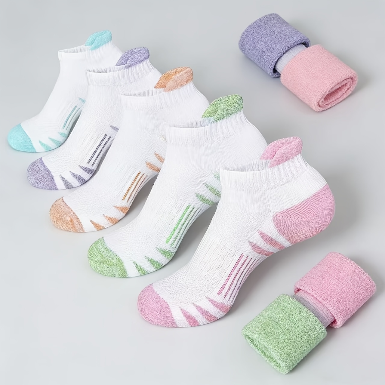 TEMU 5 Pairs Unisex Mesh Breathable Short Socks Mid-calf Running Socks Fresh Candy-colored Contrast Waist-cinching Mid-calf Socks Pinstripe Design