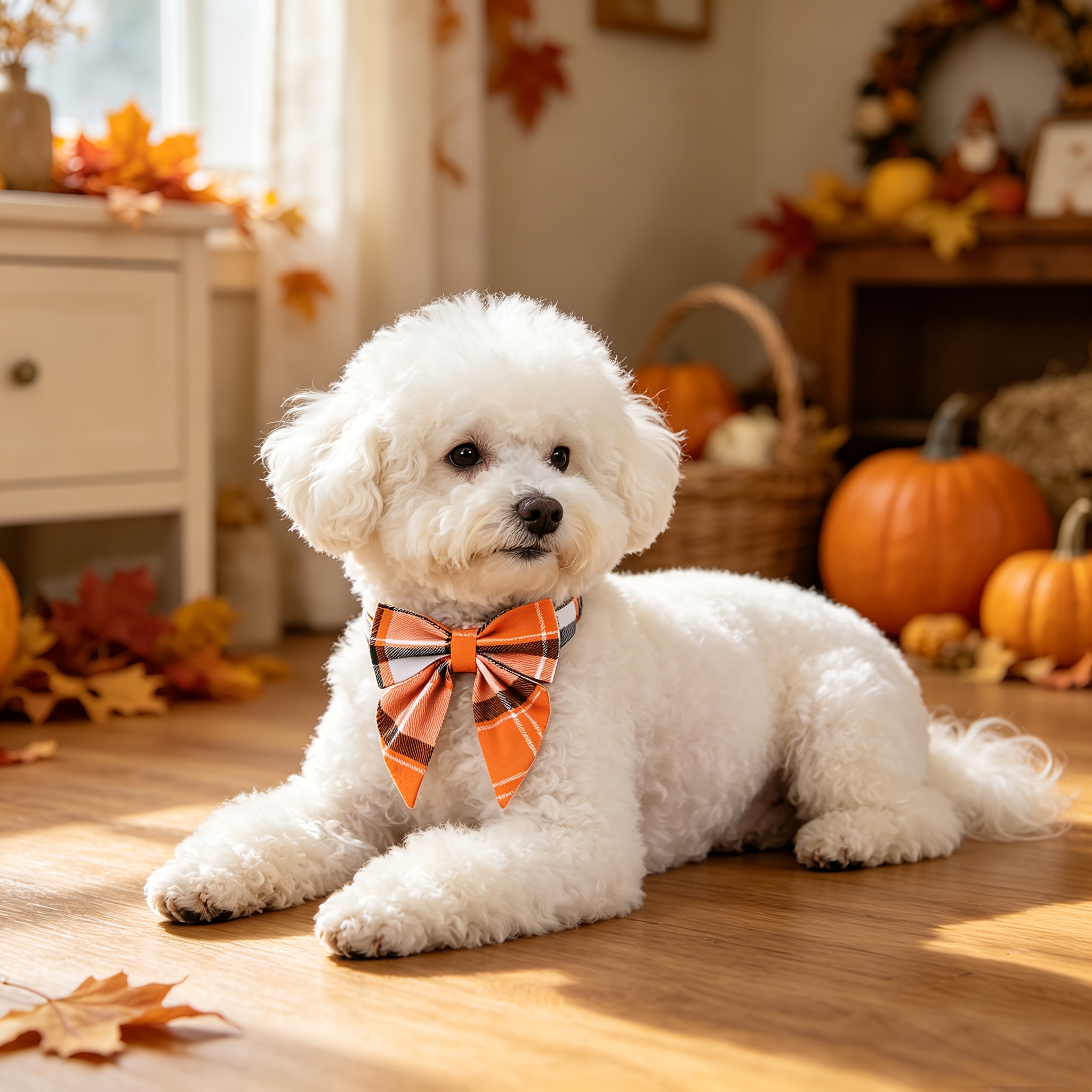 Adjustable Orange Plaid Dog Collar with Bow for Fall Holidays