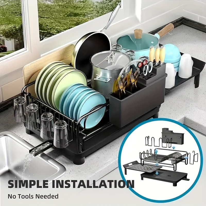 expandable kitchen dish drying rack with set black metal countertop organizer for plates cups utensils adjustable length with utensil holder glassware rack space saving design for small spaces drying rack for kitchen counter standing shelf standing shelf details 1