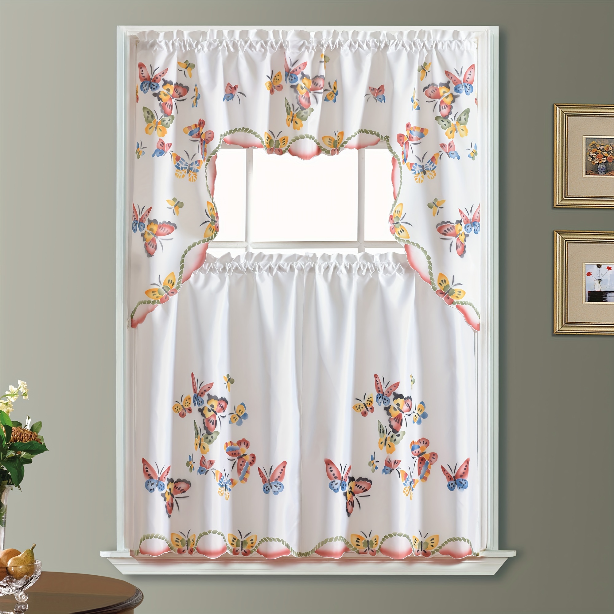 

3pcs Butterfly Pattern Kitchen Curtain Set, Valance Cafe Curtain Tier, & Tiers Set, Window Treatment For Bedroom, Living Room, Cafe, Home Decor