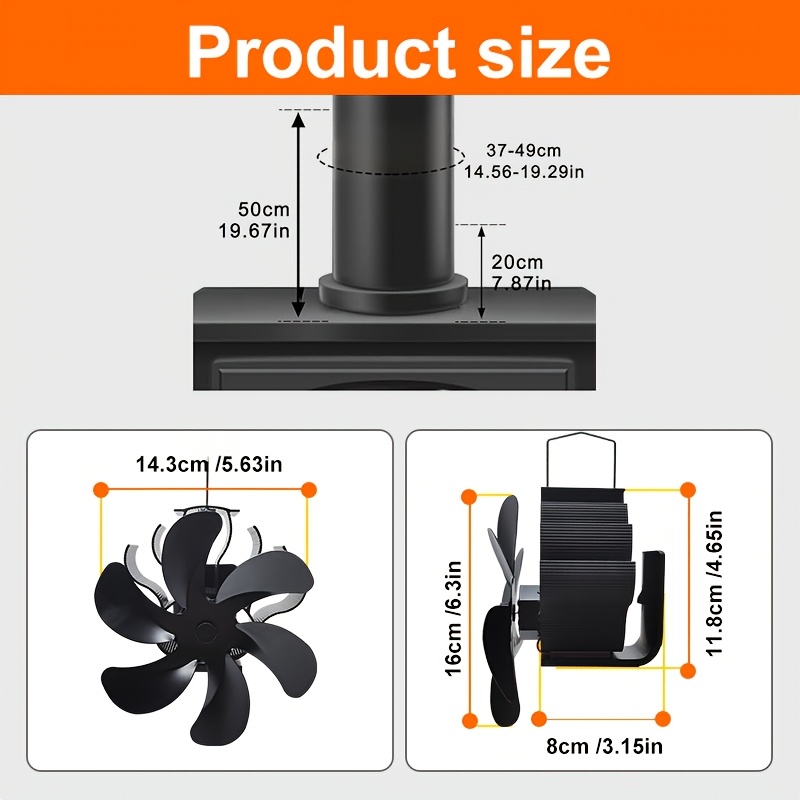 1pc fireplace heat powered stove chimney wall mounted 6   black fan for air circulation aluminum alloy metal material wood burning stove   to blow out hot air   heating faster fan without electricity with adjustable   details 3