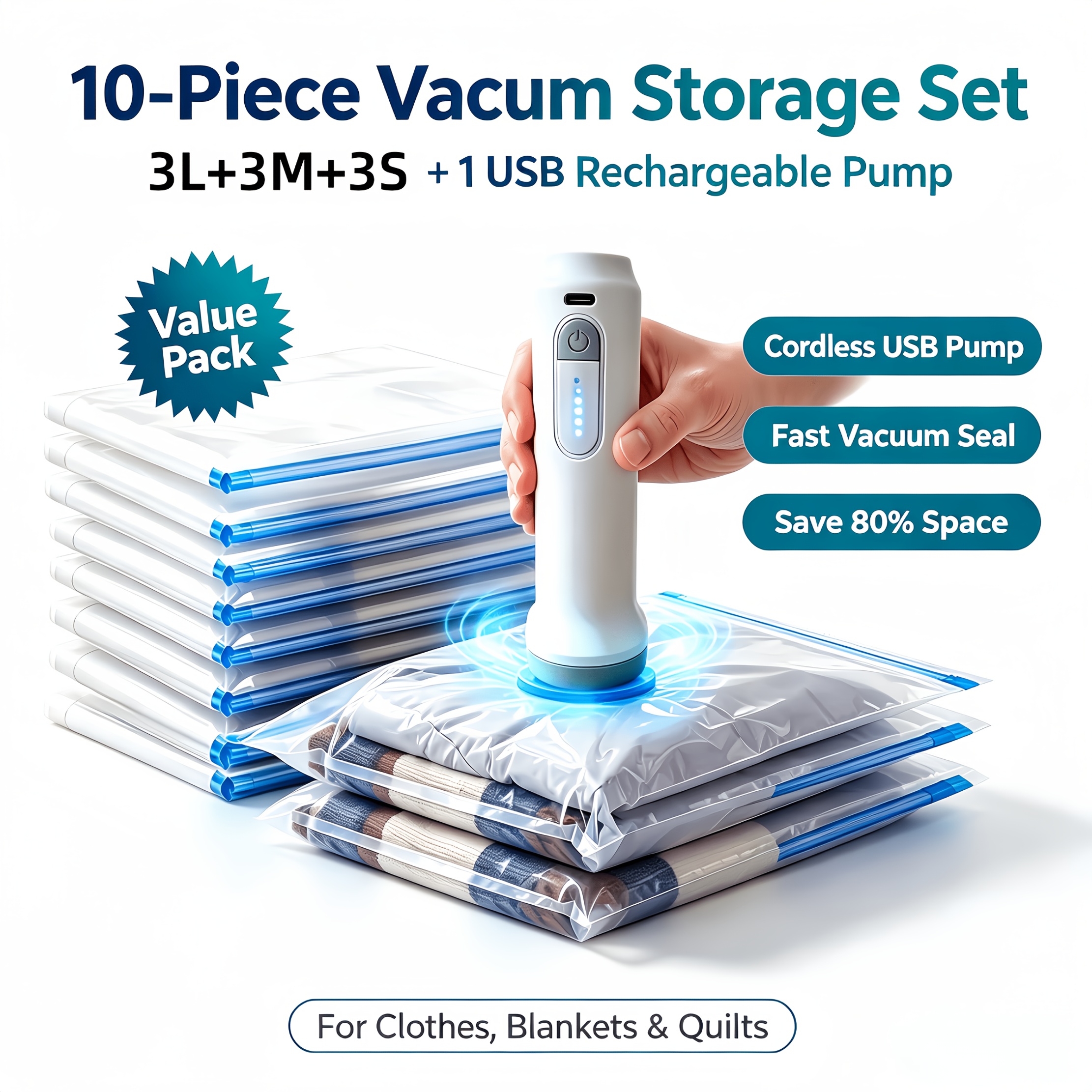 TEMU Ensemble de 10 sacs de rangement sous vide avec pompe électrique rechargeable portable, sacs scellés réutilisables épaissis pour couvertures,