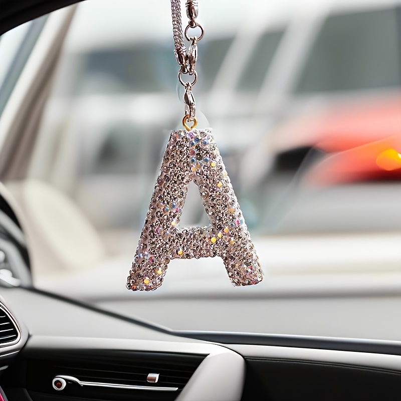 Alphabet Letter Pendant For Vehicle Mirror, Sparkling Rhinestone Hanging Charm, Reflective Ornament- Durable Metal Material