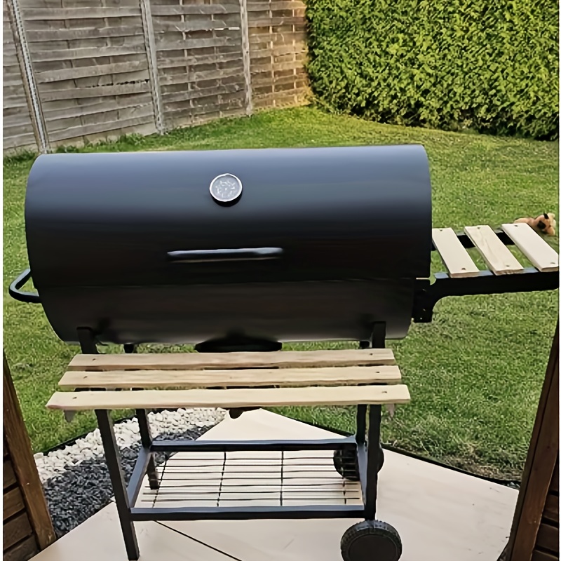 Bbq- Charcoal Grill Cart With Lid | 70 X (l) 38.5cm | Premium Mobile Charcoal Grill Cart, . Thermometer, Warming Rack, Wooden Shelves | , Charcoal Grill, Barbecue Grill, Wood Grill