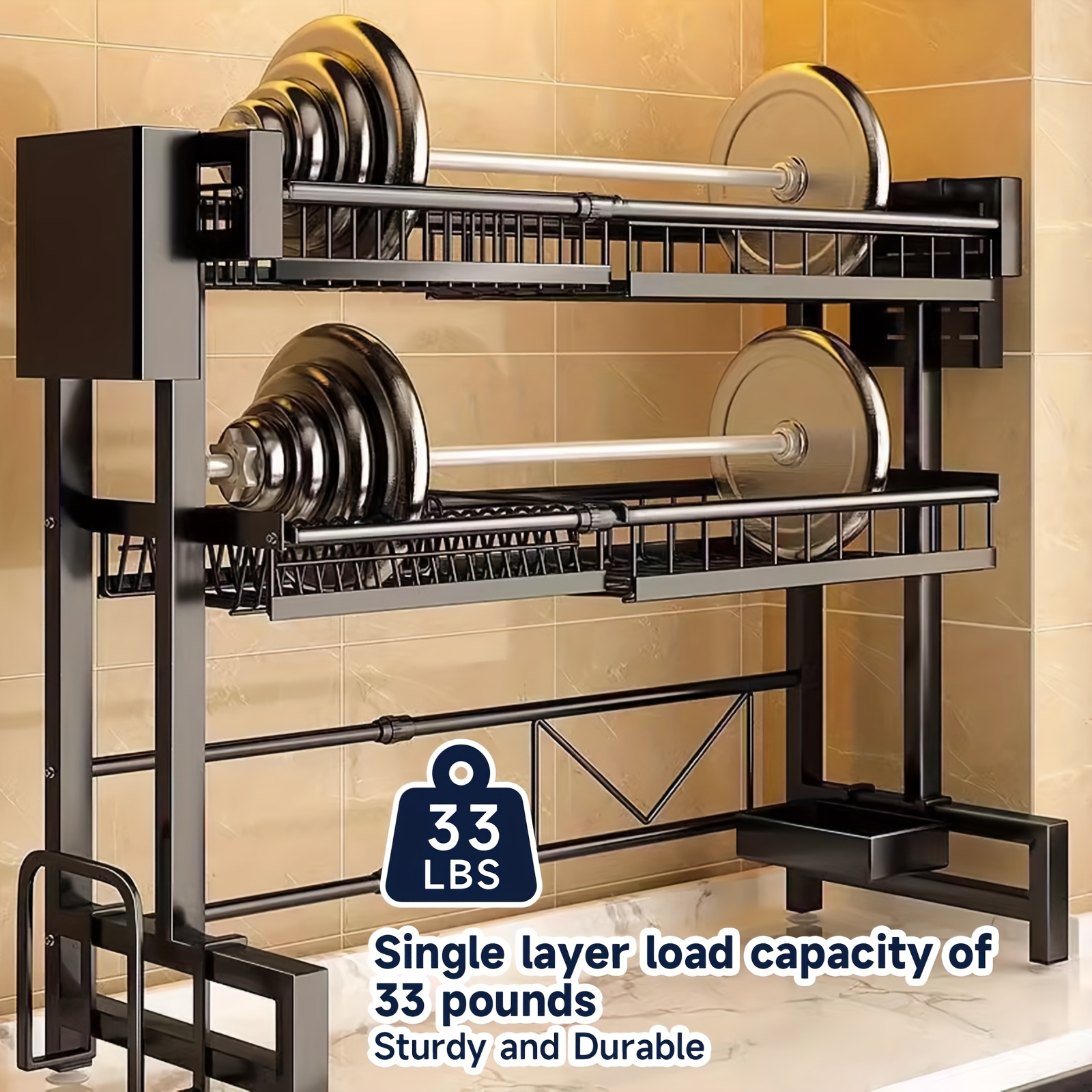   adjustable over the sink dish drying rack 2 tier space saving kitchen organizer with multifunctional baskets durable plastic carbon steel construction black over sink storage sleek black rack innovative design Product details 3