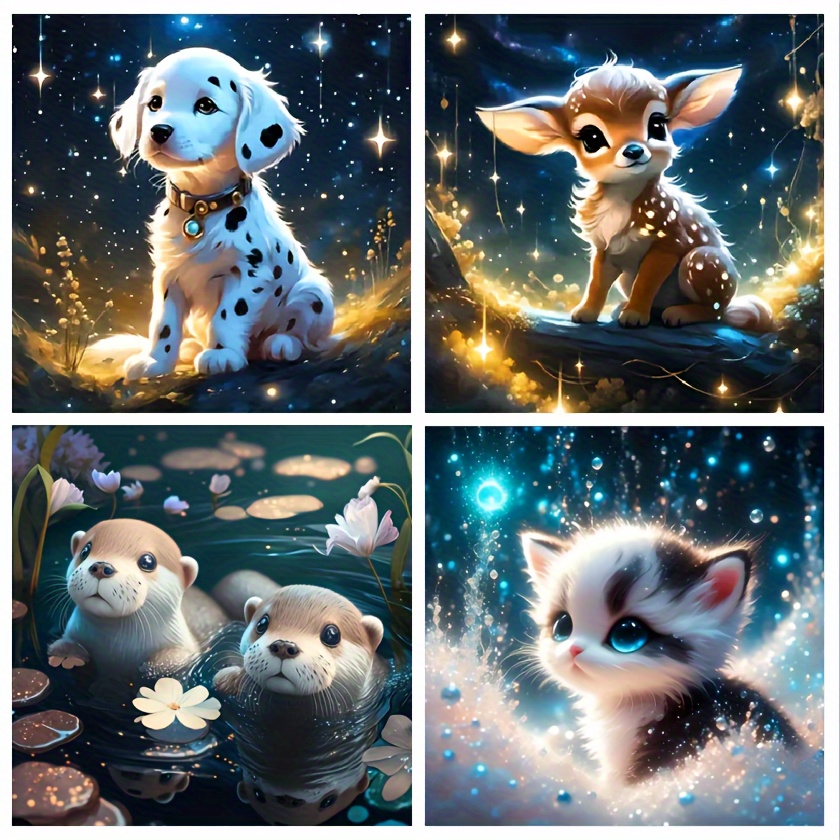 Image of 4pcs 5d Diamond Painting Kit (suitable For Beginners) Featuring Round Diamonds With A Cute Cartoon Animal Theme, Perfect For Home Wall Decoration