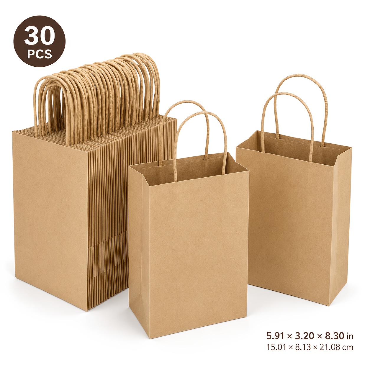 TEMU 30 Pack Small Brown Paper Bags With Handles, 5.91 X 3.20 X 8.30in Gift Bags Bulk, Durable Reusable Plain Shopping Bags For Small Business,