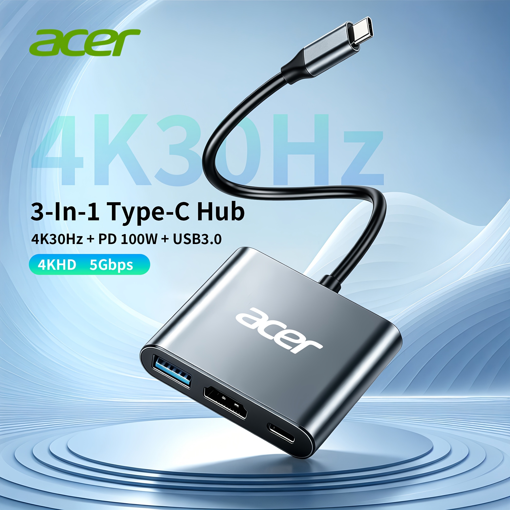 TEMU Acer Usb C To Hdtv Multiport Adapter, 3 In 1 Type C With 4k Hdtv Output, 100w Pd Charging, Port, Compatible With Macbook, Ipad, Iphone 15/16,