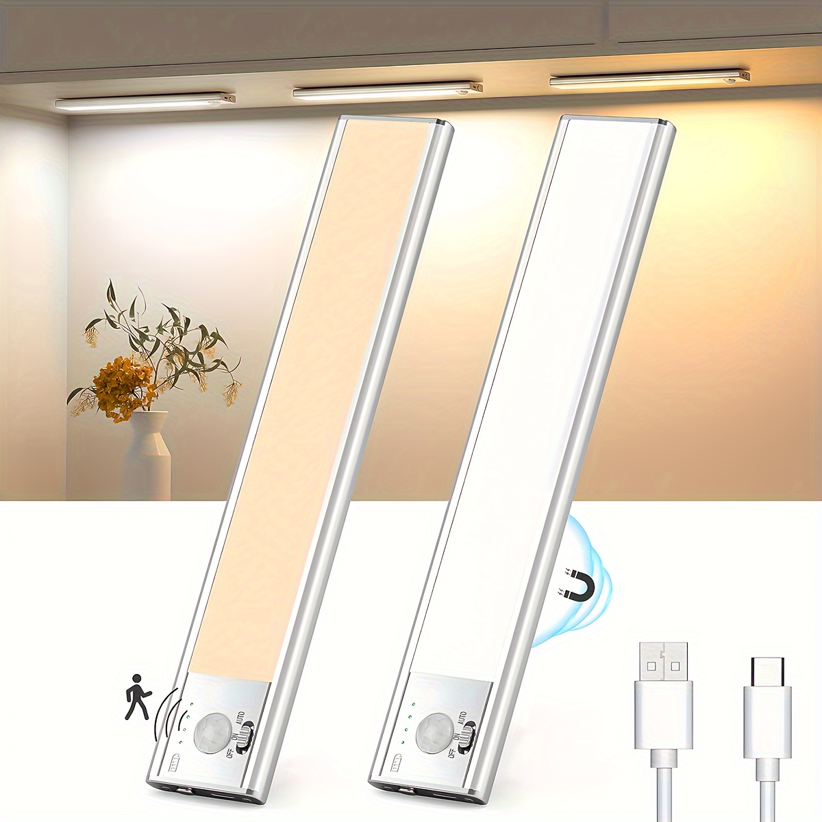 

2 Pcs Cabinet Lamp, Ultra Slim, Motion Sensor, Led Light Balls, Dimming, Daylight, Usb Charging, Magnetic Tape, Indoor Lighting, For Kitchen, Stairs, Wardrobe, Cupboards