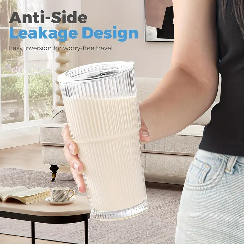 2pcs ribbed glass cups with lids straws 20oz reusable cleaning brushes for iced coffee juice smoothies non slip dishwasher safe home office parties party supplies ribbed texture cup durable glass cup Product details 2
