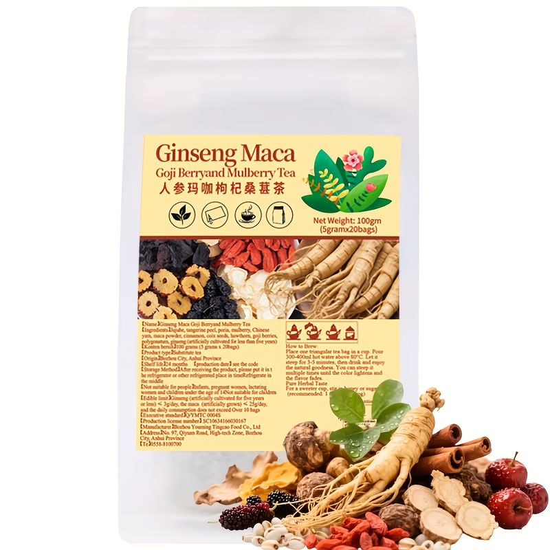 Ginseng Maca Goji Berry Mulberry Tea 100g (5g*20pcs) Chinese Herbal Tea, Holiday Gift, Tea Gift, Mixed Tea, Kidney Tea 5 Treasure Tea Ginseng Maca Goji Berry Natural Herbal Men's Vitality Tea